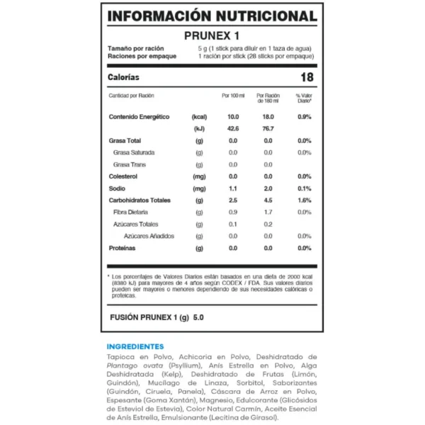 Tabla de información nutricional de Prunex 1 de Fuxion. Muestra calorías, fibra, azúcares, carbohidratos, sodio, proteínas y lista de ingredientes como psyllium, linaza, achicoria, anís estrella y guindón.