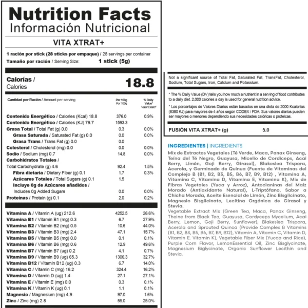 Tabla de información nutricional de Vita Xtra T de Fuxion. Muestra calorías, fibra, azúcares, colesterol, proteínas y lista de ingredientes como té verde, guayusa, berry, lim¿on, maiz morado, stevia.