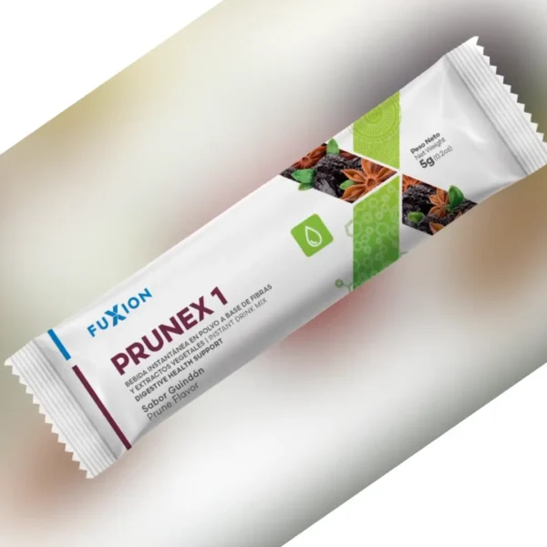 Sobre individual de Prunex 1 de Fuxion, bebida en polvo sabor guindón a base de fibras y extractos vegetales, ideal para apoyar el tránsito intestinal y la digestión natural.